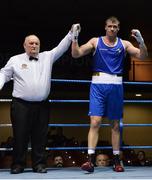31 May 2017; Dean Gardiner, Clonmel, is adjudged the winner by referee Dominic O'Rourke, defeating Martin Keenan, Rathkeale, in their 91+kg Super-Heavy Weight IABA Box-Off for the European Championships at the National Stadium in Dublin. Photo by Piaras Ó Mídheach/Sportsfile