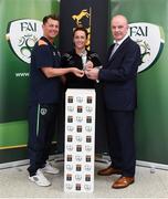 1 June 2017; Kylie Murphy from Wexford Youths WFC is presented with her Continental Tyres Women's National League Player of the Month award for April 2017 by Republic of Ireland women's manager Colin Bell and Tom Dennigan from Continental Tyres at FAI HQ, Abbotstown, Dublin 15.  Photo by Matt Browne/Sportsfile