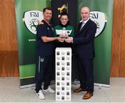 1 June 2017; Ciara McNamara from Cork City WFC is presented with her Continental Tyres Women's National League Player of the Month award for May 2017 by Republic of Ireland women's manager Colin Bell and Tom Dennigan from Continental Tyres at FAI HQ, Abbotstown, Dublin 15.  Photo by Matt Browne/Sportsfile