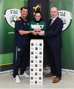 1 June 2017; Ciara McNamara from Cork City WFC is presented with her Continental Tyres Women's National League Player of the Month award for May 2017 by Republic of Ireland women's manager Colin Bell and Tom Dennigan from Continental Tyres at FAI HQ, Abbotstown, Dublin 15.  Photo by Matt Browne/Sportsfile
