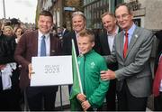 1 June 2017; Bid ambassador Brian O’Driscoll, left, Ireland 2023 Oversight Board member Dick Spring, right, and Bid Kid Alex Place hand over the IRFU Rugby bid submission for the 2023 Rugby World Cup to Brett Gosper, CEO, World Rugby and Alan Gilpin, Head of Rugby World Cup, on June 1, 2017 in Dublin, Ireland. Photo by Sam Barnes/Sportsfile