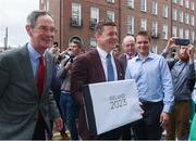 1 June 2017; Oversight Board member Dick Spring, left, and bid ambassador Brian O’Driscoll arrive to hand in the IRFU Rugby bid submission for the 2023 Rugby World Cup to Brett Gosper, CEO, World Rugby and Alan Gilpin, Head of Rugby World Cup, on June 1, 2017 in Dublin, Ireland. Photo by Sam Barnes/Sportsfile