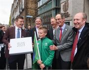 1 June 2017; In attendance at the hand in of the IRFU Rugby bid submission for the 2023 Rugby World Cup are, from left, Bid ambassador Brian O’Driscoll,  Brett Gosper, CEO, World Rugby, bid Kid Alex Place, Alan Gilpin, Head of Rugby World Cup, Ireland 2023 Oversight Board member Dick Spring, and Sports Minister Shane Ross T.D. Dublin, Ireland. Photo by Sam Barnes/Sportsfile