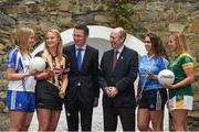 6 June 2017; Minister for Transport, Tourism and Sport, Shane Ross (centre right) with Patrick O’Donovan TD, Minister of State for Tourism and Sport who were joined by Ladies Gaelic Football Players Ellen McCarron from Monaghan and Niamh Lister from Meath and Camogie players Edwina Keane from Kilkenny and Ali Twomey from Dublin, were all present to announce funding to the value of €428,000 which will be provided to adult intercounty Camogie and Ladies Gaelic Football teams in the coming weeks. €500,000 worth of funding will be provided in 2017 and again in 2018. The funding, which will be distributed through Sport Ireland, was agreed following a joint proposal by the Camogie Association, the LGFA and the WGPA . Wilson Hartnell, Ely Place, Dublin. Photo by Matt Browne/Sportsfile