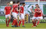 2 June 2017; Christy Fagan, centre, of St Patrick's Athletic is congratulated by his team-mates after he scored the equalising goal against Shamrock Rovers during the SSE Airtricity League Premier Division match between Shamrock Rovers and St Patrick's Athletic at Tallaght Stadium in Tallaght, Co. Dublin. Photo by Matt Browne/Sportsfile