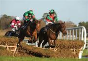 28 December 2011; Heaney, left, with Brian O'Connell up, jumps the last alongside Gimli's Return, with Tom Treacy up, during the Madigans Maiden Hurdle. Leopardstown Christmas Racing Festival 2011, Leopardstown Racecourse, Leopardstown, Dublin. Picture credit: Barry Cregg / SPORTSFILE