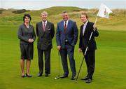 6 January 2012; Arlene Foster, Tourism Minister, Northern Ireland Executive, left, with from left to right, Redmond O'Donoghue, Chairman of Failte Ireland, golfer Darren Clarke, 2011 Irish Open Golf Champion, and George O'Grady, Chief Executive of the European Tour, on the 18th green after the Irish Open 2012 announcement press conference. Royal Portrush Golf Club, Portrush, Co. Antrim. Picture credit: Oliver McVeigh / SPORTSFILE
