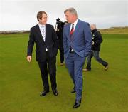 6 January 2012; Golfer Darren Clarke, 2011 Irish Open Golf Champion, right, and George O'Grady, Chief Executive of the European Tour, on the 18th green after the Irish Open 2012 announcement press conference. Royal Portrush Golf Club, Portrush, Co. Antrim. Picture credit: Oliver McVeigh / SPORTSFILE