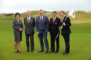 6 January 2012; Arlene Foster, Tourism Minister, Northern Ireland Executive, left, with from left to right, Redmond O'Donoghue, Chairman of Failte Ireland, golfer Darren Clarke, 2011 Irish Open Golf Champion,  Philip Tweedie, Captain of Royal Portrush Golf Club, and George O'Grady, Chief Executive of the European Tour, on the 18th green after the Irish Open 2012 announcement press conference. Royal Portrush Golf Club, Portrush, Co. Antrim. Picture credit: Oliver McVeigh / SPORTSFILE