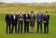 6 January 2012; Conor Mallaghan, Managing Partner, Carton House, right, with, from left to right, Richard Hills, Ryder Cup Director of European Tour, Arlene Foster, Tourism Minister, Northern Ireland Executive, Redmond O'Donoghue, Chairman of Failte Ireland, golfer Darren Clarke, 2011 Irish Open Golf Champion, and George O'Grady, Chief Executive of the European Tour, on the 18th green after the Irish Open 2012 announcement press conference. Royal Portrush Golf Club, Portrush, Co. Antrim. Picture credit: Oliver McVeigh / SPORTSFILE