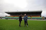 8 January 2012; Carlow manager Luke Dempsey is interviewed by Carlow freelance journalist Charlie Keegan after the game. Bord Na Mona O'Byrne Cup, First Round, Carlow v Dublin, Dr. Cullen Park, Carlow. Picture credit: Stephen McCarthy / SPORTSFILE