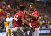 3 June 2017; Anthony Watson is congratulated by his British & Irish Lions team-mate Owen Farrell, right, after scoring his side's first try during the match between the New Zealand Provincial Barbarians and the British & Irish Lions at Toll Stadium in Whangarei, New Zealand. Photo by Stephen McCarthy/Sportsfile