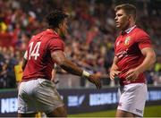 3 June 2017; Anthony Watson is congratulated by his British & Irish Lions team-mate Owen Farrell, right, after scoring his side's first try during the match between the New Zealand Provincial Barbarians and the British & Irish Lions at Toll Stadium in Whangarei, New Zealand. Photo by Stephen McCarthy/Sportsfile