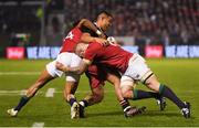 3 June 2017; Luteru Laulala of the New Zealand Provincial Barbarians is tackled by Anthony Watson, left, and Ross Moriarty of the British & Irish Lions during the match between the New Zealand Provincial Barbarians and the British & Irish Lions at Toll Stadium in Whangarei, New Zealand. Photo by Stephen McCarthy/Sportsfile