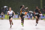3 June 2017; Rhasidat Adeleke of Presentation Community College Terenure, centre, on her way to winning the Junior Girl's 100m during the Irish Life Health All Ireland Schools Track & Field Championships 2017 at Tullamore Harrier Stadium, in Co. Offaly. Photo by Sam Barnes/Sportsfile
