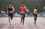 3 June 2017; Shane Gevero of CBC Monkstown, Co Dublin, centre, on his way to winning the Minor Boy's 100m during the Irish Life Health All Ireland Schools Track & Field Championships 2017 at Tullamore Harrier Stadium, in Co. Offaly. Photo by Sam Barnes/Sportsfile