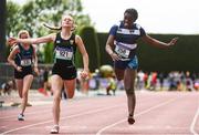 3 June 2017; Katie Kimber of Sullivan Upper, Co Down, left, and Sally Dixon of Cresent College, Co Limerick, competing in the Minor Girl's 100m during the Irish Life Health All Ireland Schools Track & Field Championships 2017 at Tullamore Harrier Stadium, in Co. Offaly. Photo by Sam Barnes/Sportsfile