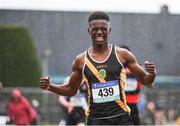 3 June 2017; Mervyn Shalemba of Mercy Mount Hawk, Co Kerry, celebrates winning the Junior Boy's 100m during the Irish Life Health All Ireland Schools Track & Field Championships 2017 at Tullamore Harrier Stadium, in Co. Offaly. Photo by Sam Barnes/Sportsfile