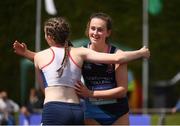 3 June 2017; Ciara Neville of Castletroy College, Co Limerick, embraces Aoife Rochford of CB Enniscorthy, Co Wexford, after winning the Senior Girl's 100m during the Irish Life Health All Ireland Schools Track & Field Championships 2017 at Tullamore Harrier Stadium, in Co. Offaly. Photo by Sam Barnes/Sportsfile