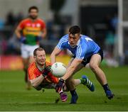3 June 2017; Danny Moran of Carlow in action against Con O'Callaghan of Dublin during the Leinster GAA Football Senior Championship Quarter-Final match between Dublin and Carlow at O'Moore Park, Portlaoise, in Co. Laois.  Photo by Ray McManus/Sportsfile
