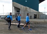 3 June 2017; Dublin manager Jim Gavin arrives at the ground with Dublin High Performance manager Bryan Cullen, left, and Dublin senior football team media manager Séamus McCormack ahead of the Leinster GAA Football Senior Championship Quarter-Final match between Dublin and Carlow at O'Moore Park, Portlaoise, in Co. Laois. Photo by Daire Brennan/Sportsfile