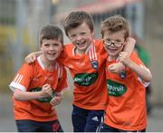 4 June 2017; Armagh supporters, left to right, Charlie Mallon, aged 9, Oscar Mallon, aged 9, and Jude Mallon, aged 7, from Portadown, Co Armagh ahead of the Ulster GAA Football Senior Championship Quarter-Final match between Down and Armagh at Páirc Esler, in Newry. Photo by Daire Brennan/Sportsfile