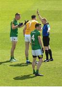 4 June 2017; Referee Barry Cassidy shows a black card to Meath player Conor McGill at goalkeeper Paddy O'Rourke and Donnacha Tobin,4, look on during the Leinster GAA Football Senior Championship Quarter-Final match between Meath and Louth at Parnell Park, in Dublin. Photo by Matt Browne/Sportsfile