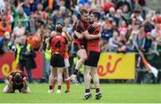 4 June 2017; Down players, Darragh O'Hanlon, left, and Niall McParland celebrate at the final whistle after the Ulster GAA Football Senior Championship Quarter-Final match between Down and Armagh at Páirc Esler, in Newry. Photo by Daire Brennan/Sportsfile
