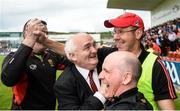 4 June 2017; Down manager Eammon Burns celebrates with, left to right, selector Neil Collins, County Board Secretary Seán Óg McAteer and trainer Aidan Burns at the final whistle after the Ulster GAA Football Senior Championship Quarter-Final match between Down and Armagh at Páirc Esler, in Newry. Photo by Daire Brennan/Sportsfile