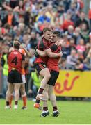 4 June 2017; Down players, Darragh O'Hanlon, left, and Niall McParland celebrate at the final whistle after the Ulster GAA Football Senior Championship Quarter-Final match between Down and Armagh at Páirc Esler, in Newry. Photo by Daire Brennan/Sportsfile