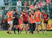4 June 2017; Joe McElroy of Armagh argues with referee Conor Lane that he had not received a yellow card earlier in the game, McElroy had been shown a red card, but Lane rescinded the red card during the Ulster GAA Football Senior Championship Quarter-Final match between Down and Armagh at Páirc Esler, in Newry. Photo by Daire Brennan/Sportsfile