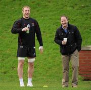 10 January 2012; Ulster's Stephen Ferris, left, and David Humphreys, Operations Director of Ulster Rugby, during squad training ahead of their Heineken Cup, Pool 4, Round 5, game against Leicester Tigers on Friday. Ulster Rugby Squad Training, Osbourne Park, Royal Belfast Academical Intstitution, Belfast, Co. Antrim. Picture credit: Oliver McVeigh / SPORTSFILE