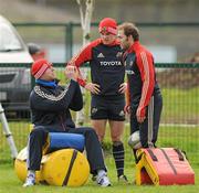 10 January 2012; Munster's Paul O'Connell in conversation with Scott Deasy and Duncan Williams during squad training ahead of their Heineken Cup, Pool 1, Round 5, game against Castres Olympique on Saturday. Munster Rugby Squad Training, Cork Institute of Technology, Bishopstown, Cork. Picture credit: Diarmuid Greene / SPORTSFILE