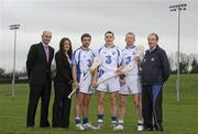12 January 2012; Eoin McManus, Commercial Director, Three, left, and Siobhan Keane, Regional Business Manager, Three, with Waterford hurlers, from left, Tony Browne, Shane O'Sullivan and John Mullane and manager Michael Ryan at the announcement of Three mobile’s partnership renewal of Waterford GAA. Current partners Three announced a renewal of their partnership deal which will see Ireland’s fastest-growing mobile provider pledge their support to the Deise county for a further three years. The partnership of Waterford GAA covers both the hurling and football codes and includes all grades from minor to senior inter-county teams. Three Mobile and Waterford GAA Sponsorship Announcement Launch, Waterford Institute of Technology, Co. Waterford. Picture credit: Stephen McCarthy / SPORTSFILE