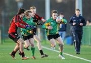 13 January 2012; Barry Horan and Shane Cunningham, St. Benildus College, in action against Tadgh Foley, left, and Alan Farrell, Ardscoil na Trionoide, Athy. Leinster Colleges Senior Football 'A' Championship, Round 1, UCD Astroturf, Belfield, Dublin. Picture credit: Matt Browne / SPORTSFILE