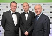 13 January 2012; Northern Ireland manager Michael O'Neill, left, winner of the Airtricity SWAI Personality of the Year Award for 2011, with Republic of Ireland manager Giovanni Trapattoni and Stephen Wheeler, Managing Director, Airtricty, in attendance at the Airtricity / SWAI Personality of the Year Awards Banquet 2011. The Conrad Hotel, Dublin. Picture credit: David Maher / SPORTSFILE
