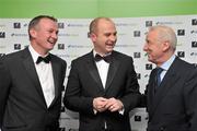 13 January 2012; Northern Ireland manager Michael O'Neill, left, winner of the Airtricity SWAI Personality of the Year Award for 2011, with Republic of Ireland manager Giovanni Trapattoni and Stephen Wheeler, Managing Director, Airtricty, in attendance at the Airtricity / SWAI Personality of the Year Awards Banquet 2011. The Conrad Hotel, Dublin. Picture credit: David Maher / SPORTSFILE