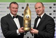13 January 2012; Northern Ireland manager Michael O'Neill, winner of the Airtricity SWAI Personality of the Year Award for 2011, and Stephen Wheeler, Managing Director, Airtricty, in attendance at the Airtricity / SWAI Personality of the Year Awards Banquet 2011. The Conrad Hotel, Dublin. Picture credit: David Maher / SPORTSFILE