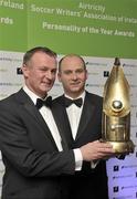 13 January 2012; Northern Ireland manager Michael O'Neill, left, winner of the Airtricity SWAI Personality of the Year Award for 2011, and Stephen Wheeler, Managing Director, Airtricty, in attendance at the Airtricity / SWAI Personality of the Year Awards Banquet 2011. The Conrad Hotel, Dublin. Picture credit: David Maher / SPORTSFILE