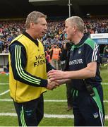 4 June 2017; Clare joint manager Donal Moloney and Limerick manager John Kiely exchange a handshake after the Munster GAA Hurling Senior Championship Semi-Final between Limerick and Clare at Semple Stadium in Thurles, Co. Tipperary. Photo by Diarmuid Greene/Sportsfile