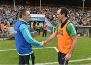 4 June 2017; Clare joint manager Gerry O'Connor and Limerick coach Paul Kinnerk exchange a handshake after the Munster GAA Hurling Senior Championship Semi-Final between Limerick and Clare at Semple Stadium in Thurles, Co. Tipperary. Photo by Diarmuid Greene/Sportsfile