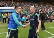 4 June 2017; Clare joint manager Gerry O'Connor and Limerick manager John Kiely exchange a handshake after the Munster GAA Hurling Senior Championship Semi-Final between Limerick and Clare at Semple Stadium in Thurles, Co. Tipperary. Photo by Diarmuid Greene/Sportsfile