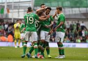 4 May 2017; Cyrus Christie of Republic of Ireland, centre, celebrates with team mates after scoring his sides second goal during the international friendly match between Republic of Ireland and Uruguay at the Aviva Stadium in Dublin. Photo by David Maher/Sportsfile