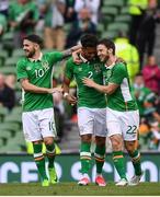 4 May 2017; Cyrus Christie of Republic of Ireland celebrates with Robbie Brady, left, and Harry Arter, right, after scoring his side's second goal during the international friendly match between Republic of Ireland and Uruguay at the Aviva Stadium in Dublin. Photo by Ramsey Cardy/Sportsfile