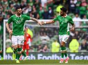 4 May 2017; Cyrus Christie of Republic of Ireland celebrates with Shane Duffy after scoring his side's second goal during the international friendly match between Republic of Ireland and Uruguay at the Aviva Stadium in Dublin. Photo by Ramsey Cardy/Sportsfile