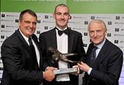 13 January 2012; Gerard Doherty, centre, Derry City, winner of the Airtricity SWAI Goalkeeper of the Year Award for 2011, with Republic of Ireland manager Giovanni Trapattoni and assistant manager Marco Tardelli, left, at the Airtricity / SWAI Personality of the Year Awards Banquet 2011. The Conrad Hotel, Dublin. Picture credit: David Maher / SPORTSFILE
