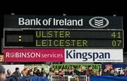 13 January 2012; A general view of the scoreboard at the final whistle. Heineken Cup, Pool 4, Round 5, Ulster v Leicester Tigers, Ravenhill Park, Belfast, Co. Antrim. Picture credit: Oliver McVeigh / SPORTSFILE