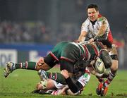 13 January 2012; Alesana Tuilagi, Leicester Tigers, is tackled by Ian Whitten and Paddy Wallace, right, Ulster. Heineken Cup, Pool 4, Round 5, Ulster v Leicester Tigers, Ravenhill Park, Belfast, Co. Antrim. Picture credit: Oliver McVeigh / SPORTSFILE