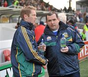 15 January 2012; Meath selector and player Graham Geraghty, left, with manager Seamus McEnaney before the start of the game. Bord na Mona O'Byrne Cup, Quarter-Final, Meath v Louth, Pairc Tailteann, Navan, Co. Meath. Picture credit: David Maher / SPORTSFILE