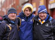 15 January 2012; Leinster supporters Conor Dwane, from Rathfarnham, Dublin, left, with Jamie Houlihan and Vincent Houlihan, from Coolmine, Dublin, at the game. Heineken Cup, Pool 3, Round 5, Glasgow Warriors v Leinster, Firhill Arena, Glasgow, Scotland. Picture credit: Stephen McCarthy / SPORTSFILE